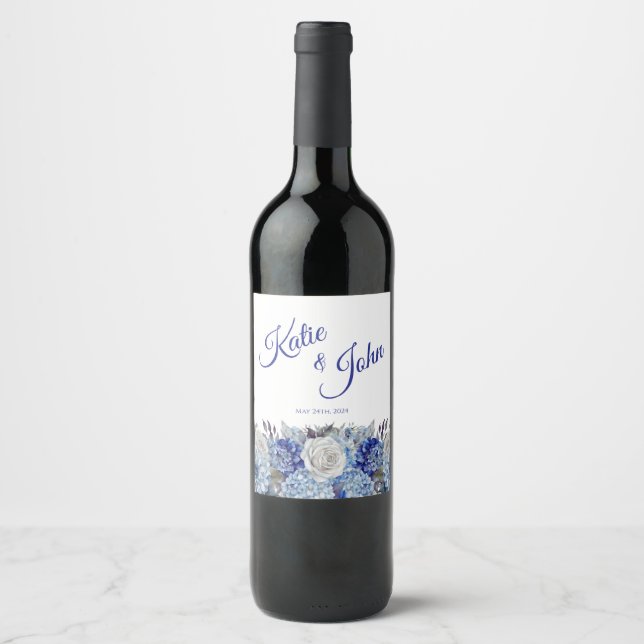 Watercolor Blue Flower Bouquet-Wedding- Wine Label (Front)