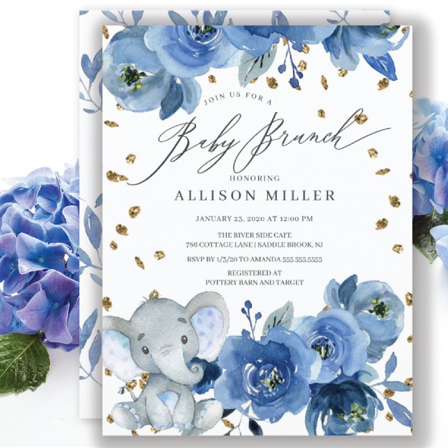 Watercolor Blue Flower Elephant Baby Shower Brunch Invitation (Creator Uploaded)