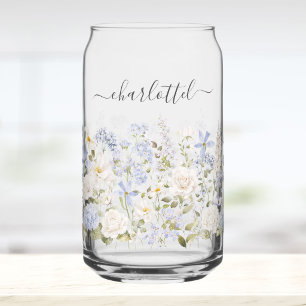 Watercolor Blue Flower Floral Elegant Monogram Can Glass