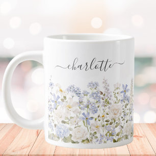 Watercolor Blue Flower Floral Elegant Monogram Large Coffee Mug