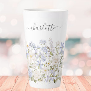 Watercolor Blue Flower Floral Elegant Monogram Latte Mug