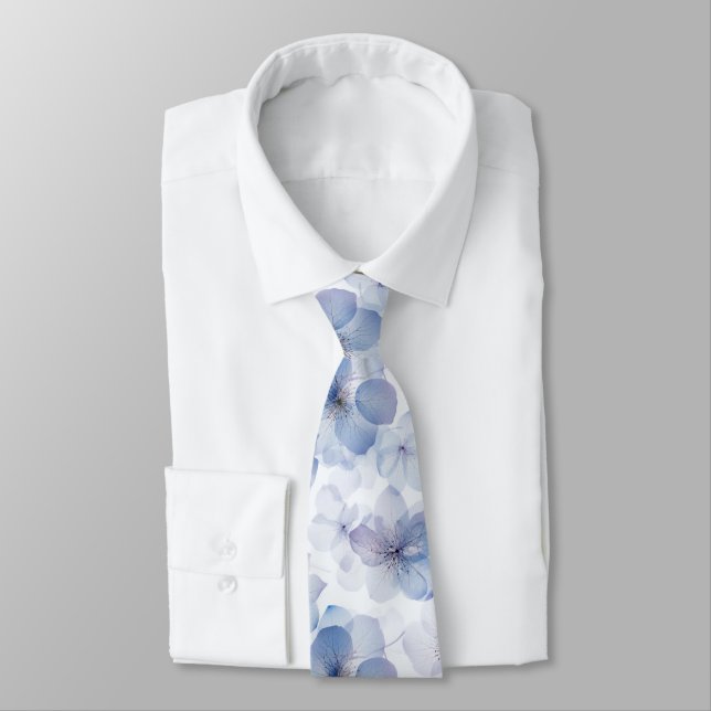 Watercolor Blue Flower Pattern Tie (Tied)