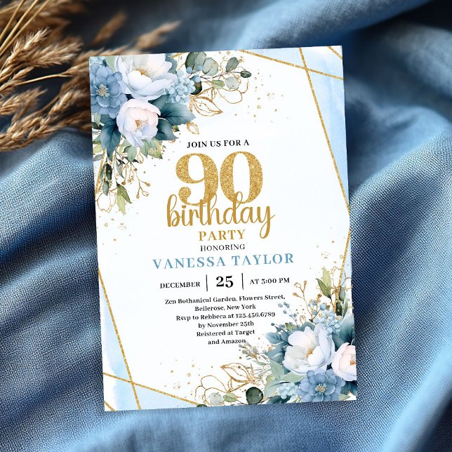 Watercolor Blue Flowers 90th Birthday Elegant  Invitation (Watercolor Blue Flowers 90th Birthday Elegant Party Invite

)