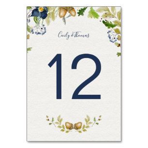 Watercolor Blue Flowers Acorns and Oak Leaves   Table Number
