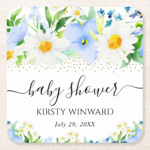 Watercolor Blue Flowers and Daisies Baby Shower Square Paper Coaster