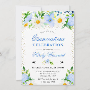 Watercolor Blue Flowers and Daisies Quinceanera Invitation