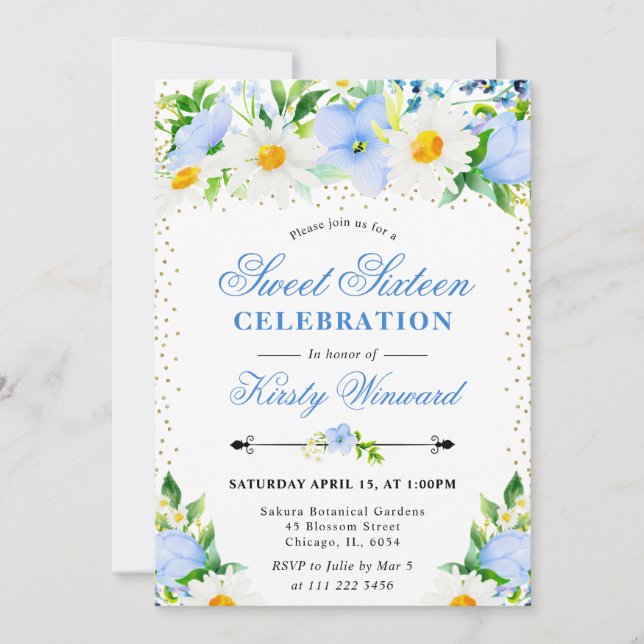 Watercolor Blue Flowers and Daisies Sweet 16 Invitation (Front)