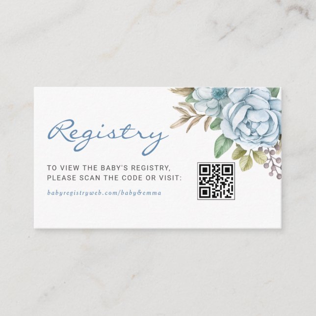 Watercolor Blue Flowers Baby QR Code Registry Enclosure Card (Front)