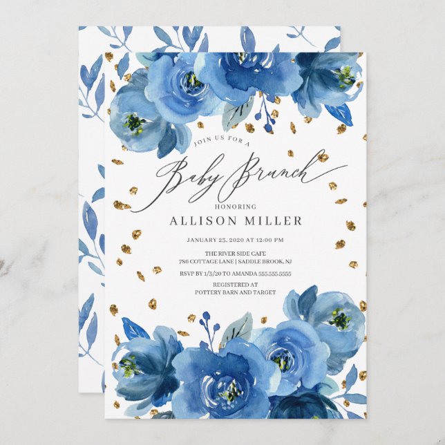 Watercolor Blue Flowers Baby Shower Brunch Invitation (Front/Back)