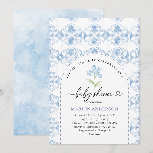 Watercolor Blue flowers Baby shower   Invitation (Front/Back)