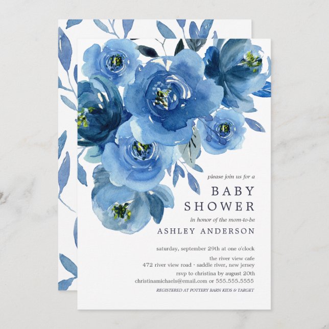 Watercolor Blue Flowers Baby Shower Invitation (Front/Back)