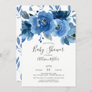 Watercolor Blue Flowers Baby Shower Invitation