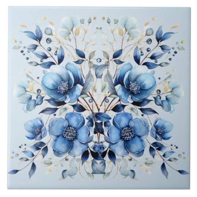 Watercolor Blue Flowers Ceramic Tile (Front)