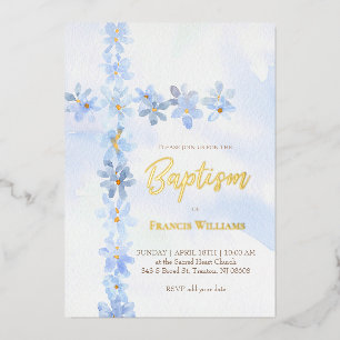 watercolor blue flowers cross Baptism