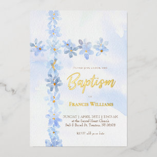 watercolor blue flowers cross Baptism