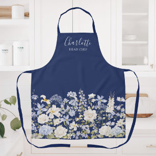 Watercolor Blue Flowers Elegant Floral Monogram Apron