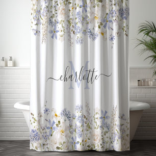 Watercolor Blue Flowers Elegant Floral Monogram Shower Curtain