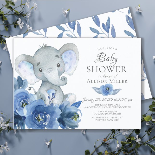 Watercolor Blue Flowers Elephant Baby Shower Invitation (Creator Uploaded)