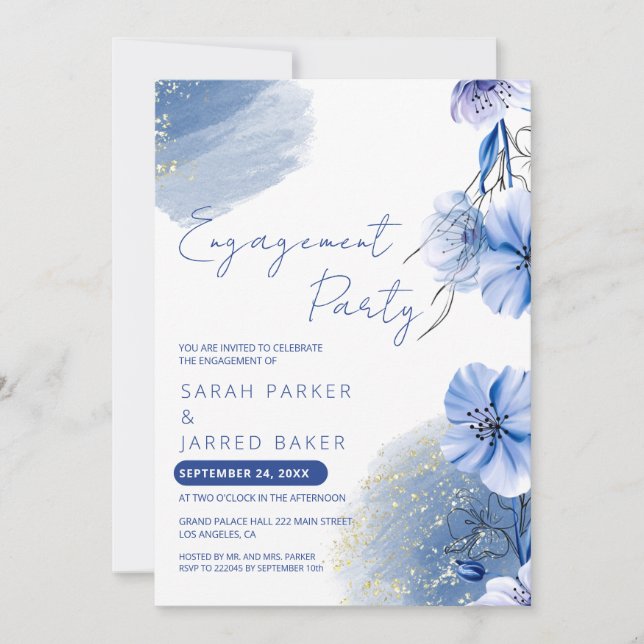 Watercolor Blue Flowers Engagement Invitation (Front)