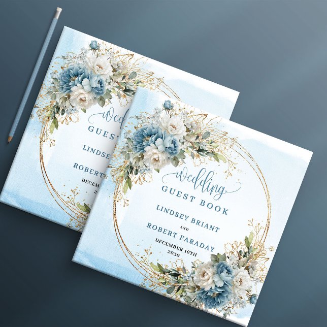 Watercolor Blue Flowers Eucalyptus Gold Guest Book (Watercolor Blue Flowers Eucalyptus Gold Guest Book)