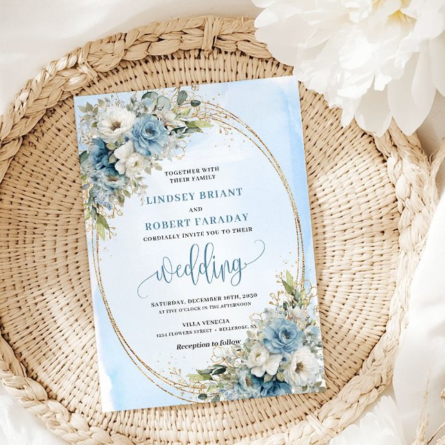 Watercolor Blue Flowers Eucalyptus Gold Wedding  Invitation (Watercolor Blue Flowers Eucalyptus Gold Wedding Invite)