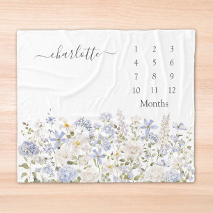 Watercolor Blue Flowers Floral Baby Milestone Fleece Blanket