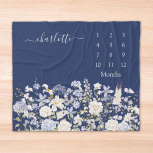 Watercolor Blue Flowers Floral Baby Milestone Fleece Blanket