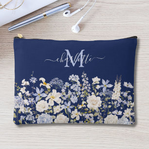 Watercolor Blue Flowers Floral Elegant Monogram Accessory Pouch