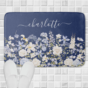 Watercolor Blue Flowers Floral Elegant Monogram Bath Mat
