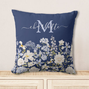 Watercolor Blue Flowers Floral Elegant Monogram Cushion