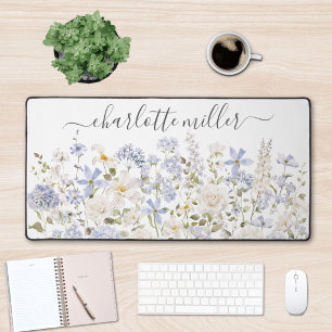 Watercolor Blue Flowers Floral Elegant Monogram Desk Mat