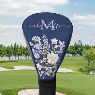 Watercolor Blue Flowers Floral Elegant Monogram Golf Head Cover