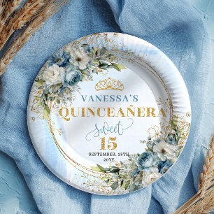 Watercolor Blue Flowers Gold Custom Name Quince Paper Plate