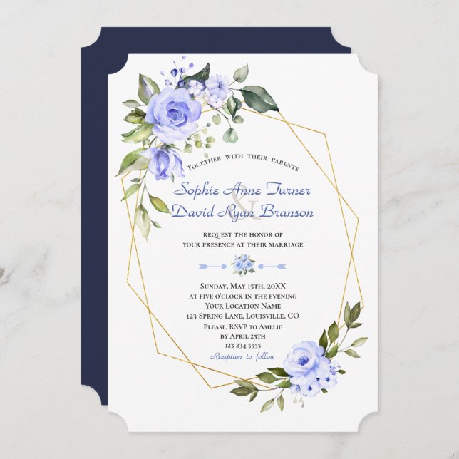 Watercolor Blue Flowers Gold Frame Wedding Invitation (Front/Back)