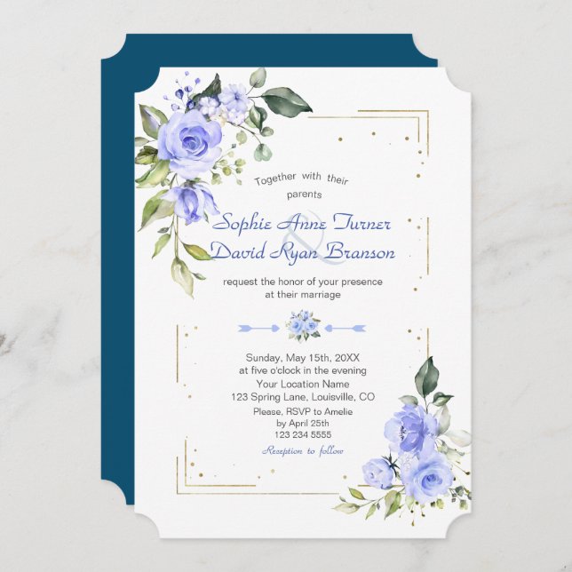 Watercolor Blue Flowers Gold Glitter Wedding Invitation (Front/Back)