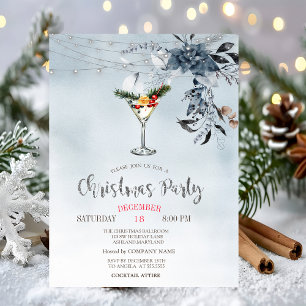 Watercolor Blue Flowers,Lights Cocktail Christmas  Invitation