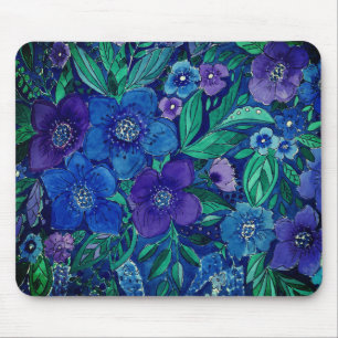watercolor, blue flowers mouse pad