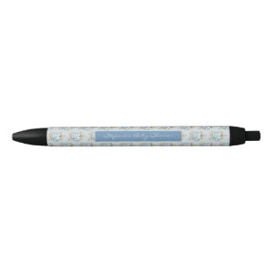 Watercolor Blue Flowers Pattern Baby Shower Favour Black Ink Pen