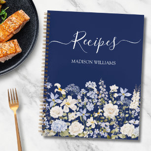 Watercolor Blue Flowers Personalised Recipe Book