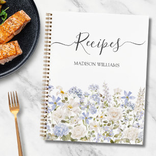 Watercolor Blue Flowers Personalised Recipe Book