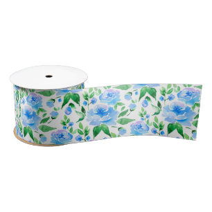 Watercolor blue flowers satin ribbon