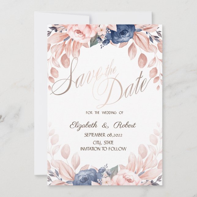 Watercolor Blue Flowers Save The Date (Front)