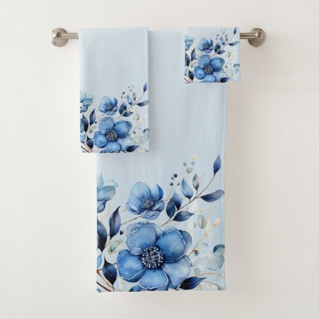 Watercolor Blue Flowers Towel Set (Insitu)