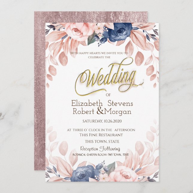 Watercolor Blue Flowers Wedding Invitation (Front/Back)