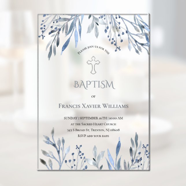 watercolor blue foliage Baptism Acrylic Invitations (Creator Uploaded)