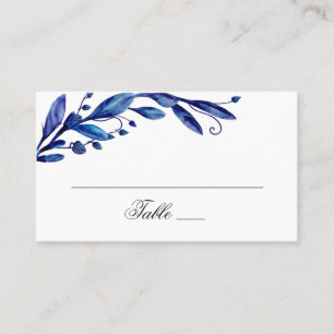 Watercolor blue foliage. Navy botanical wedding Place Card
