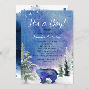 Watercolor Blue Forest Bear Boy Baby Shower Invitation