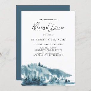 Watercolor Blue Forest Winter Rehearsal Dinner Invitation