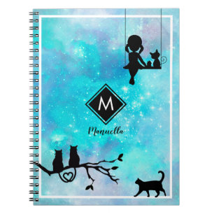 Watercolor Blue Galaxy Girl and Cats Notebook