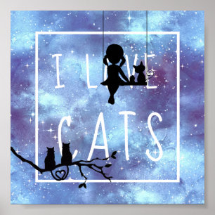 Watercolor Blue Galaxy Girl Cats Silhouette Room Poster